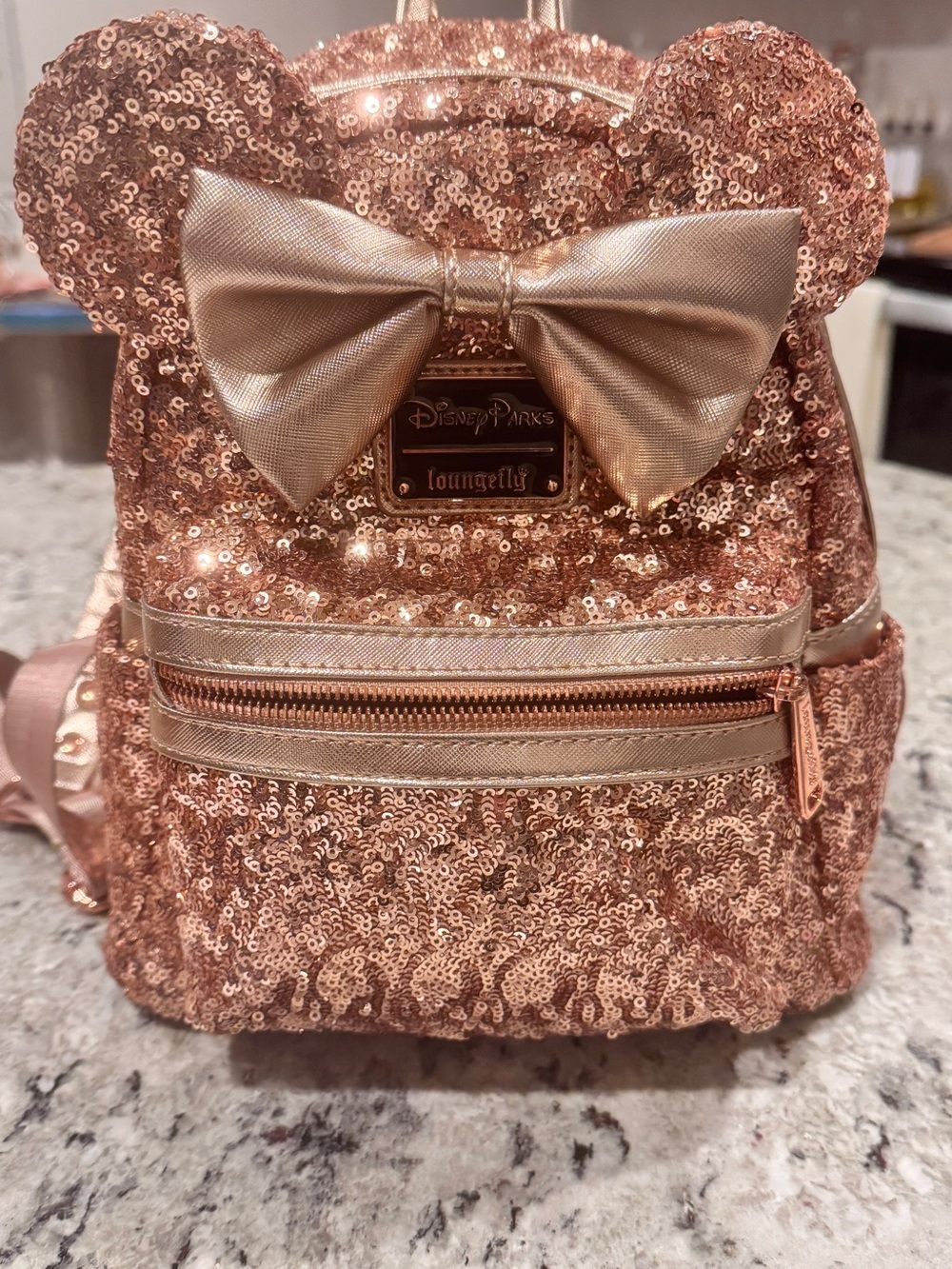 Loungefly Rose Gold Sequin Mini Backpack with Bow and Ears